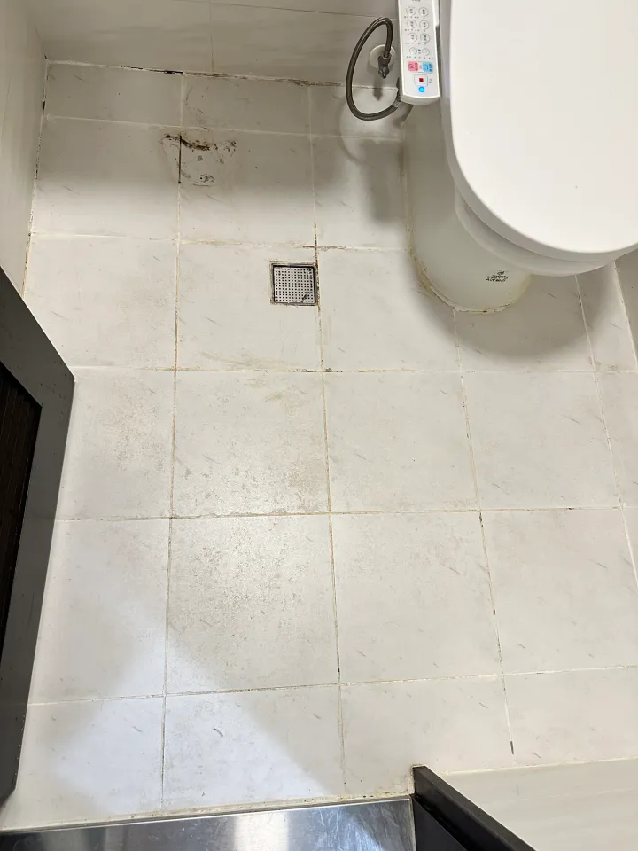 淺色浴室地坪磁磚縫施工前